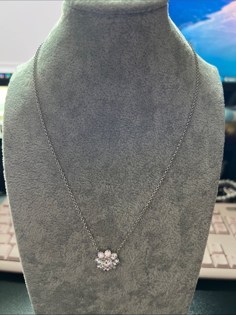 Moissanite Floral Cluster Necklace - white gold filled